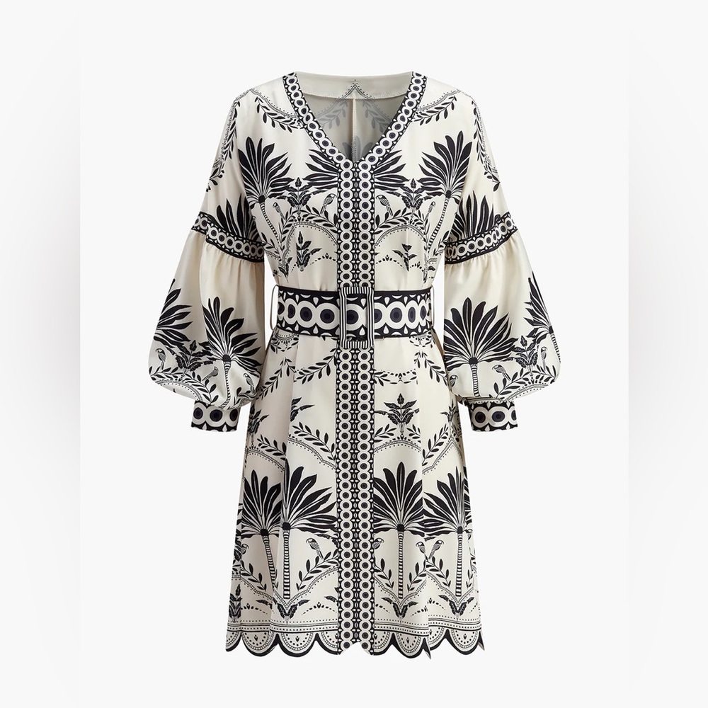 Commense Boho Print V-Neck Belted Dress